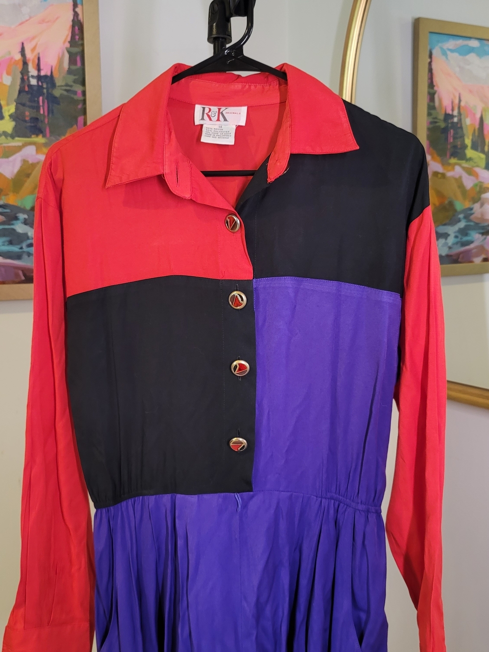 Vintage 1980s R&K Originals Colorblock Red Purple Black Dress Retro Size 14